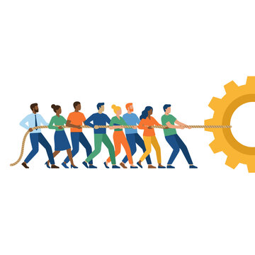 Diverse team pulling rope to move large gear illustration