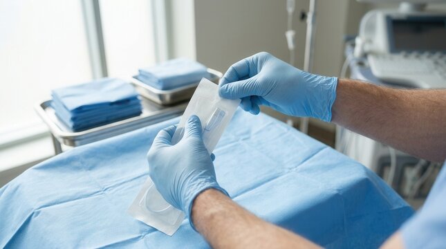Medical professional in blue gloves opens sterile packaging for a surgical needle and syringe in a clinical setting