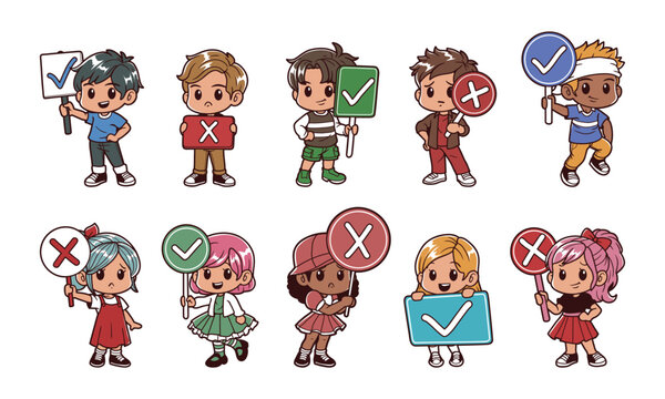 Kids character with correct and wrong sign handrawn vector illustration set