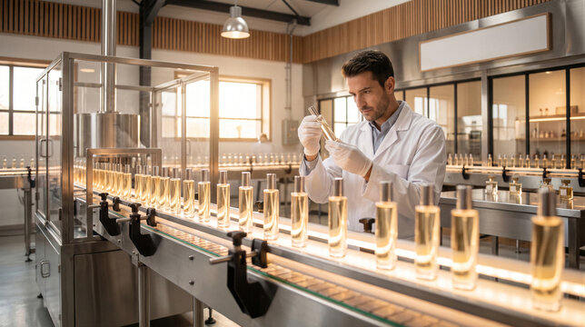 Professional perfumer inspecting a perfume bottle on a production line in a modern laboratory
