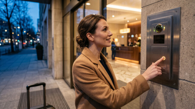 Woman pressing button on hotel intercom at entrance