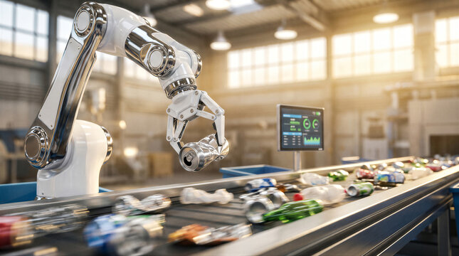 Automated robotic arm sorting recyclable waste on a conveyor belt in a modern industrial recycling facility