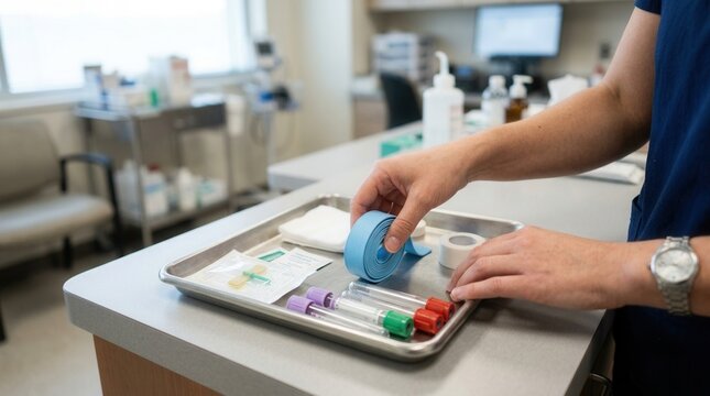 Medical professional preparing for blood draw, close-up on tray with tubes, tape, and gauze in clinic setting