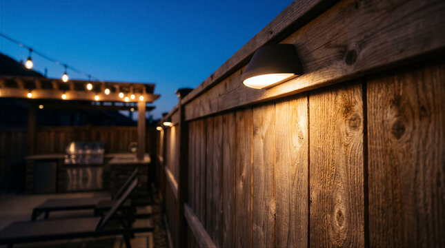Modern outdoor solar led fence lights illuminating a wooden backyard fence at twilight with patio string lights in the background