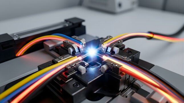 Fiber optic fusion splicing machine connecting cables in a laboratory