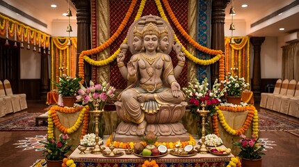 Fototapeta premium Beautiful Brahma Deity Statue with Traditional Hindu Event Decorations and Sacred Ambiance