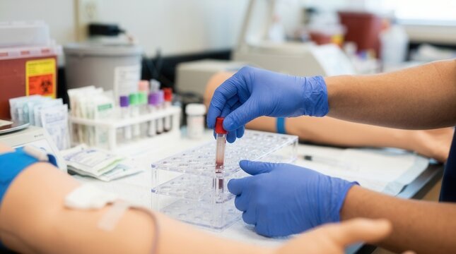 Medical professional in blue gloves drawing blood sample for laboratory testing, closeup view