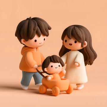 Happy cartoon family character set features smiling parent pushing cute little boy child in orange toy stroller claymation style illustration