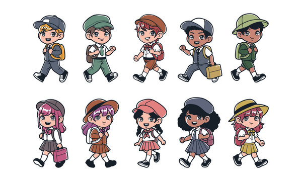 Kids character walking to school handrawn vector illustration set