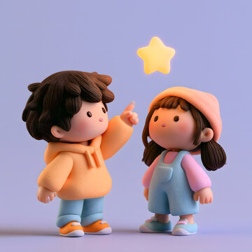 Curious cartoon boy and girl character stand together. happy child pointing at glowing yellow star shows childhood wonder
