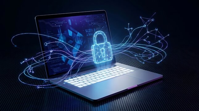 Digital security concept with glowing padlock on laptop screen