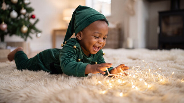 A cute toddler child in an elf romper reaches for Christmas lights during a festive holiday winter December Santa celebration, ideal for family marketing.
