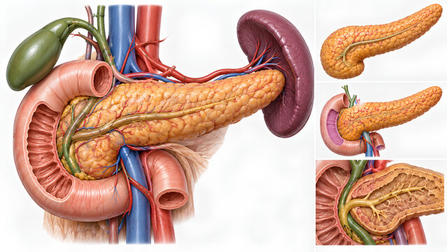 Detailed 3D medical visualization of the human pancreas showing its lobulated structure, surrounding duodenum, vessels, spleen, and ducts with realistic textures and soft studio lighting.