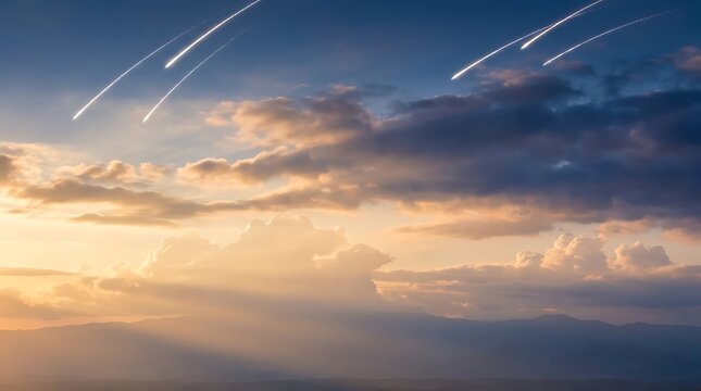 Sunset sky with light streaks and clouds
