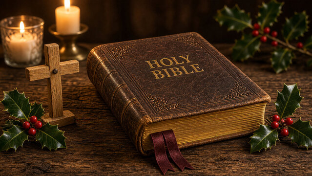 Leather holy bible with wooden cross, lit candles, and holly berries on a dark rustic wood surface