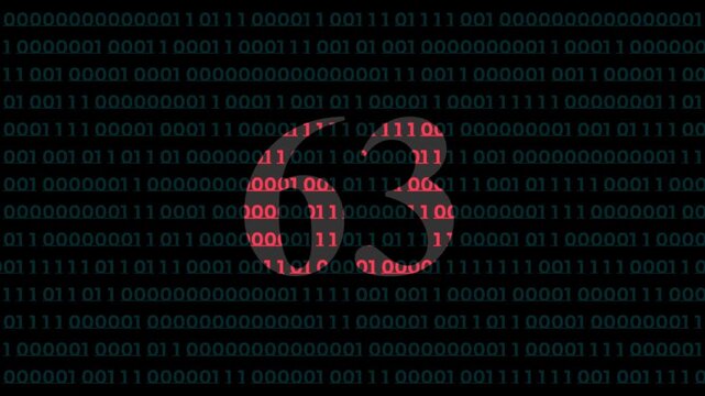 Digital countdown timer with red number 63 on binary code background, for tech presentations, and data analytics