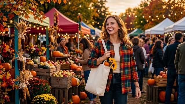 Smiling young woman shopping at an outdoor autumn farmers market with pumpkins and fall harvest during golden hour
