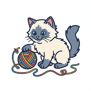 Cute cartoon fluffy Siamese or Ragdoll kitten playing with a colorful ball of yarn isolated on white background. Adorable blue-eyed cat vector illustration.