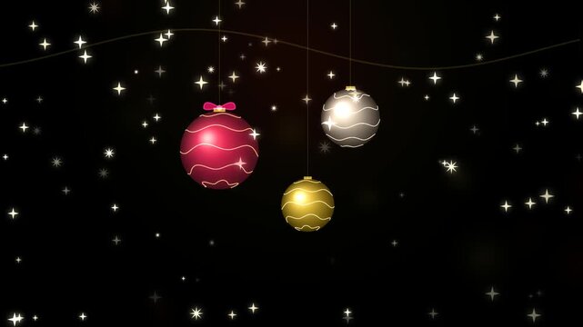 Three hanging christmas balls in red gold and silver colors with glowing stars on a dark black background for holiday season celebration and festive winter design 4k Motion Video