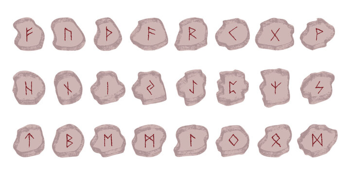 Set of hand drawn viking runes Rune stones with ancient norse alphabet characters engraved on them Scandinavian futhark germanic celtic Single element for design, print, web, decor