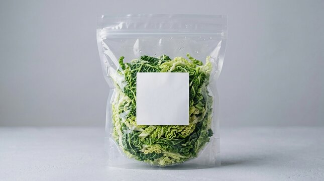 Fresh shredded green cabbage in transparent plastic bag with blank white label for mockup, isolated on minimalist background.