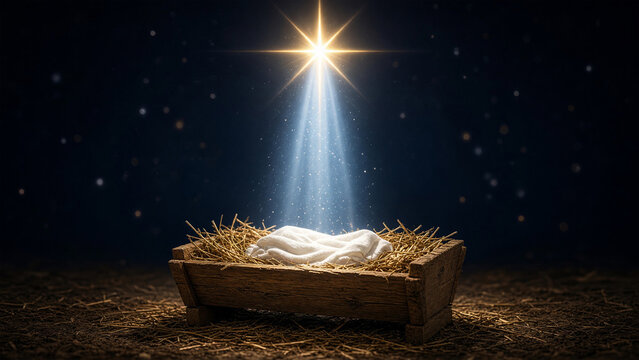 Wooden nativity manger with hay and white cloth illuminated by a brilliant star beam on dark night