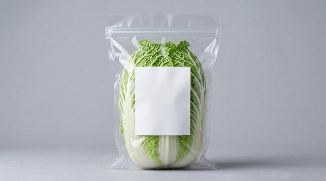 Fresh napa cabbage in clear plastic zipper bag mockup with white label for food packaging design and grocery retail storage