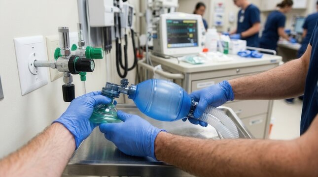Medical professional prepares resuscitation bag and mask in an emergency room setting, with medical equipment and staff in background.
