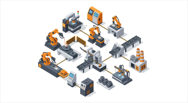Automated Industrial Manufacturing Production Line with Robotic Arms.
