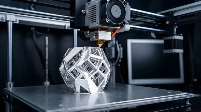 Silver geometric sculpture being created by a 3d printer in a workshop