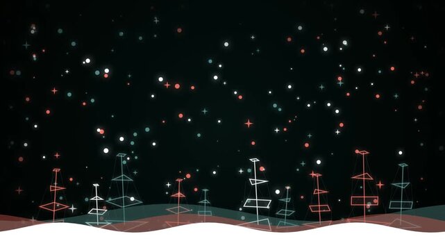 Abstract stylized forest with geometric pine trees and glowing star particles on a dark night sky background for a creative digital winter or holiday season illustration 4k Motion Video