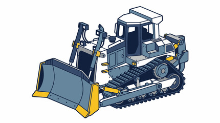 Heavy-duty bulldozer with tracks and front blade for construction work. © king