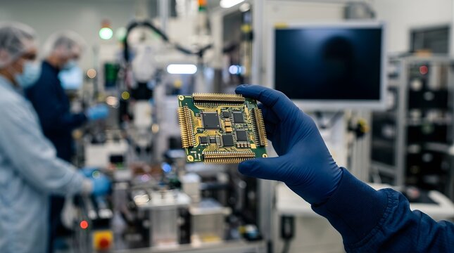 Technician holding microchip processor in semiconductor electronics factory