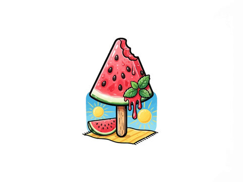 Juicy Red Watermelon Popsicle With Bite Mark, Mint Leaves, And Dripping Syrup On Wooden Stick, Over Striped Beach Towel With Sunshine Background, Vector Illustration