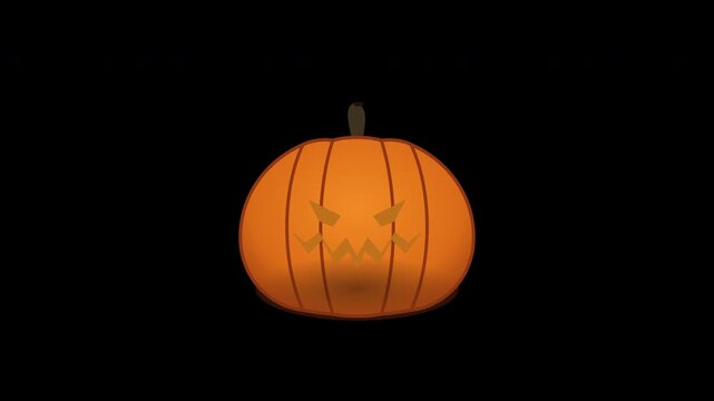 Animated 2D Jack O Lantern pumpkin icon with a sinister smiling face and glowing eyes and mouth pulsing with subtle supernatural light. Spooky Halloween motion graphic isolated on transparent alpha