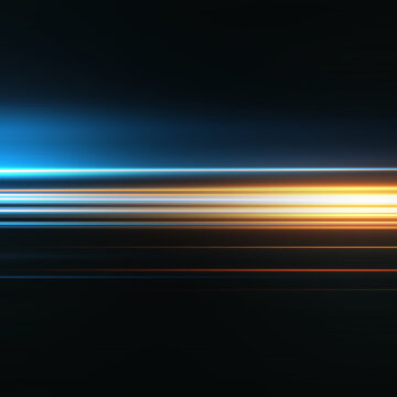 Dynamic abstract light trails in blue and orange on a dark background.