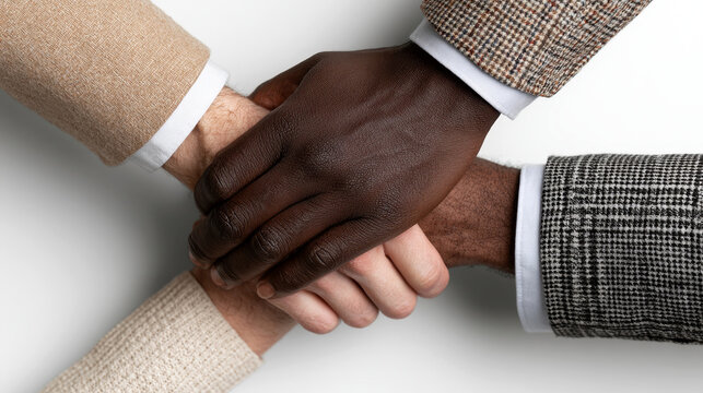 business people in a huddle from above for support, motivation or solidarity. Collaboration, teamwork and space with a group of colleagues or employees standing in a circle at work.