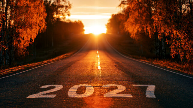 Open road leads to sunrise with 2027 painted on asphalt. Journey begins, future is bright, path to new goals, fresh beginnings, optimism.