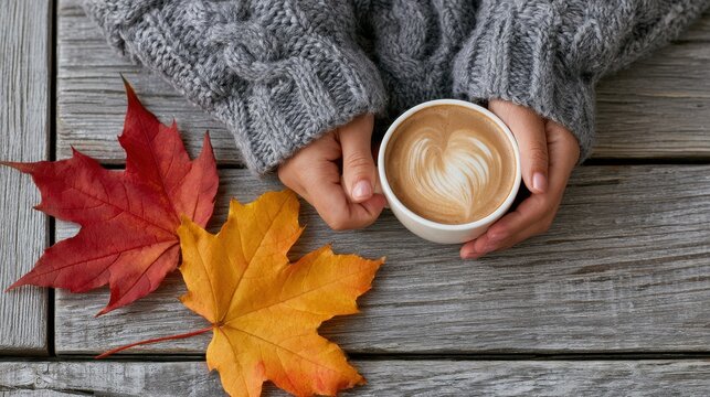 Hands cradle warm coffee cup. Crisp autumn leaves rest beside it. Cozy sweater sleeves frame the scene. Wooden surface adds rustic charm. Soothing moment feels both quiet and warm.