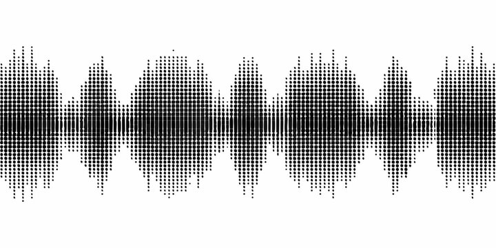 Halftone dot pattern creates a waveform illustration on a white background resembling sound waves or audio visualization dots vector graphic frequency amplitude signal