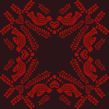A seamless cross-stitch folk art pattern traditional red birds, hearts, and floral botanical elements on a dark background. This decorative ethnic ornament is ideal for textile design, embroidery 