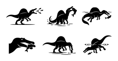 Obraz premium Spinosaurus Dinosaur Hunting Fish, Prehistoric Reptile Silhouette Set, Ancient Aquatic Predator Actions