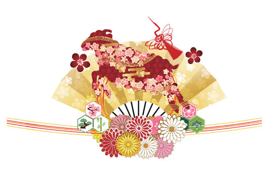 華やかな和風デザイン素材 桜と菊の花々と金色の扇子