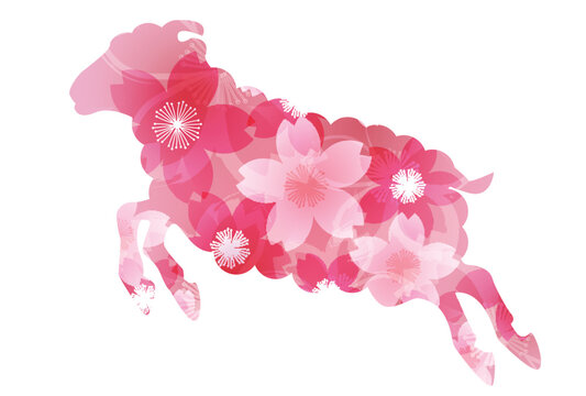桜の花びらで装飾された躍動感ある動物のシルエット