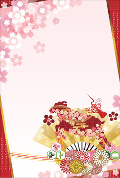 桜の花と金色の扇子が描かれた和風デザインの装飾用カード