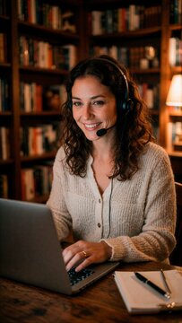 Customer service agent wearing headset working on laptop at desk