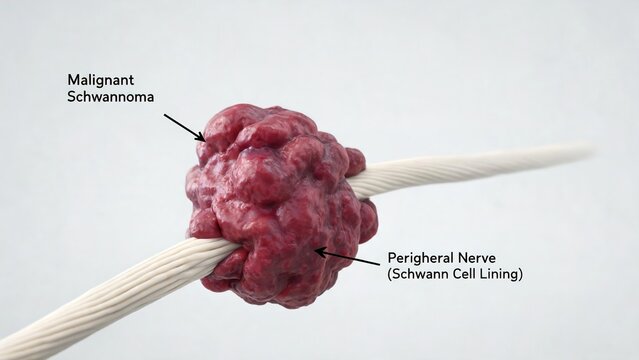 Malignant Schwannoma 3D medical illustration, malignant tumor attached to peripheral nerve fiber