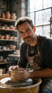 Male potter shaping clay pot on potter wheel in workshop studio