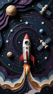 Paper craft rocket launch with planets and satellites in outer space