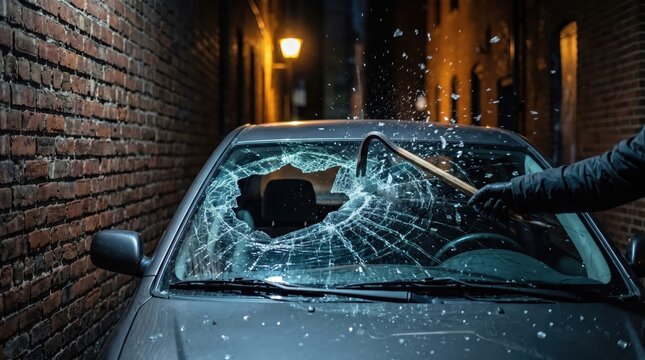Thief wearing black gloves using a heavy crowbar tool to break open a car front windshield.